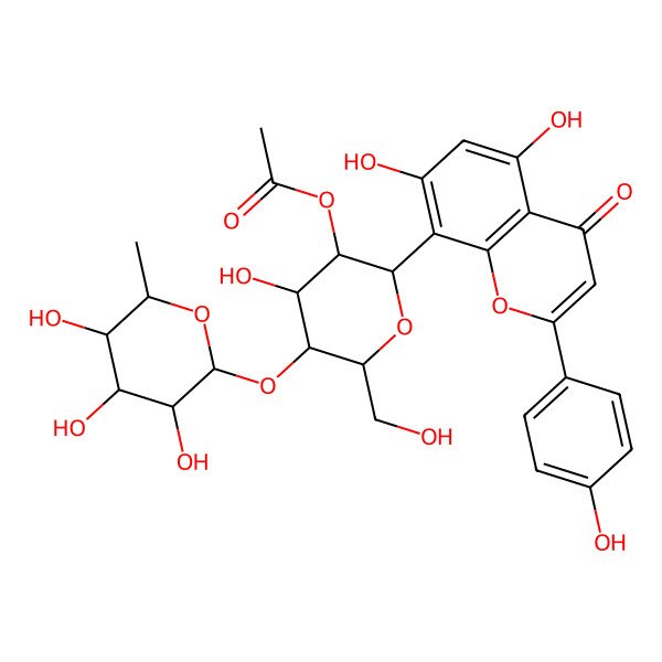 2D Structure of [(2S,3R,4S,5S,6R)-2-[5,7-dihydroxy-2-(4-hydroxyphenyl)-4-oxochromen-8-yl]-4-hydroxy-6-(hydroxymethyl)-5-[(2S,3S,4R,5R,6S)-3,4,5-trihydroxy-6-methyloxan-2-yl]oxyoxan-3-yl] acetate