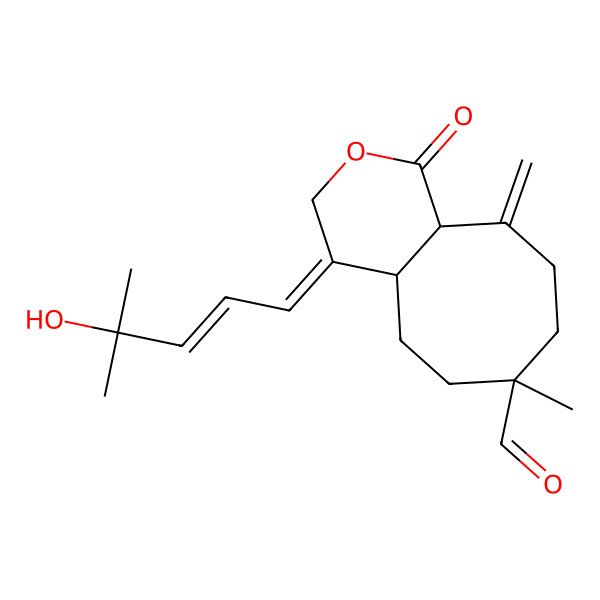 2D Structure of (4aS,7S,10aR)-4-(4-hydroxy-4-methylpent-2-enylidene)-7-methyl-10-methylidene-1-oxo-4a,5,6,8,9,10a-hexahydrocycloocta[c]pyran-7-carbaldehyde
