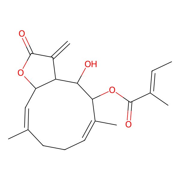2D Structure of (4-Hydroxy-6,10-dimethyl-3-methylidene-2-oxo-3a,4,5,8,9,11a-hexahydrocyclodeca[b]furan-5-yl) 2-methylbut-2-enoate