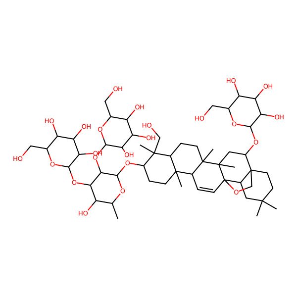 2D Structure of 2-(Hydroxymethyl)-6-[[9-(hydroxymethyl)-10-[5-hydroxy-6-methyl-3,4-bis[[3,4,5-trihydroxy-6-(hydroxymethyl)oxan-2-yl]oxy]oxan-2-yl]oxy-4,5,9,13,20,20-hexamethyl-24-oxahexacyclo[15.5.2.01,18.04,17.05,14.08,13]tetracos-15-en-2-yl]oxy]oxane-3,4,5-triol