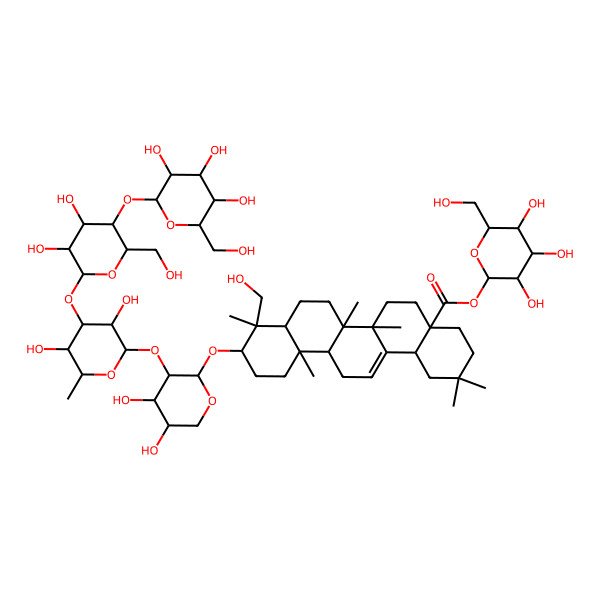 2D Structure of [3,4,5-Trihydroxy-6-(hydroxymethyl)oxan-2-yl] 10-[3-[4-[3,4-dihydroxy-6-(hydroxymethyl)-5-[3,4,5-trihydroxy-6-(hydroxymethyl)oxan-2-yl]oxyoxan-2-yl]oxy-3,5-dihydroxy-6-methyloxan-2-yl]oxy-4,5-dihydroxyoxan-2-yl]oxy-9-(hydroxymethyl)-2,2,6a,6b,9,12a-hexamethyl-1,3,4,5,6,6a,7,8,8a,10,11,12,13,14b-tetradecahydropicene-4a-carboxylate
