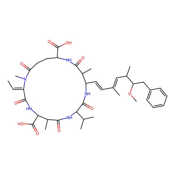 2D Structure of (2Z,5R,6S,9S,12S,13R,16R)-2-ethylidene-12-[(1E,3E,5S,6S)-6-methoxy-3,5-dimethyl-7-phenylhepta-1,3-dienyl]-1,6,13-trimethyl-3,7,10,14,19-pentaoxo-9-propan-2-yl-1,4,8,11,15-pentazacyclononadecane-5,16-dicarboxylic acid