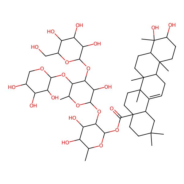 2D Structure of [(2S,3R,4S,5R,6R)-4,5-dihydroxy-3-[(2S,3R,4S,5S,6S)-3-hydroxy-6-methyl-4-[(2S,3R,4S,5S,6R)-3,4,5-trihydroxy-6-(hydroxymethyl)oxan-2-yl]oxy-5-[(2S,3R,4S,5R)-3,4,5-trihydroxyoxan-2-yl]oxyoxan-2-yl]oxy-6-methyloxan-2-yl] (4aS,6aR,6aS,6bR,8aR,9S,10S,12aR,14bS)-9,10-dihydroxy-2,2,6a,6b,9,12a-hexamethyl-1,3,4,5,6,6a,7,8,8a,10,11,12,13,14b-tetradecahydropicene-4a-carboxylate