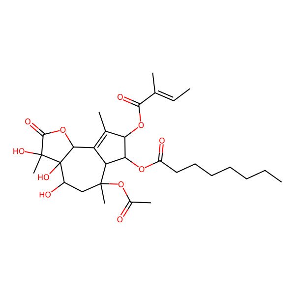 2D Structure of [(3S,3aR,4R,6R,6aS,7R,8R,9bS)-6-acetyloxy-3,3a,4-trihydroxy-3,6,9-trimethyl-8-[(Z)-2-methylbut-2-enoyl]oxy-2-oxo-4,5,6a,7,8,9b-hexahydroazuleno[4,5-b]furan-7-yl] octanoate