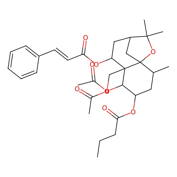 2D Structure of [(1S,2R,4S,5S,6R,7S,9R)-5-acetyloxy-6-(acetyloxymethyl)-2,10,10-trimethyl-7-[(E)-3-phenylprop-2-enoyl]oxy-11-oxatricyclo[7.2.1.01,6]dodecan-4-yl] butanoate