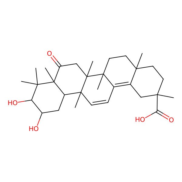 2D Structure of (2R,4aR,6aS,6aR,6bR,8aR,10S,11S,12aR)-10,11-dihydroxy-2,4a,6a,6a,6b,8a,9,9-octamethyl-8-oxo-1,3,4,5,6,7,10,11,12,12a-decahydropicene-2-carboxylic acid