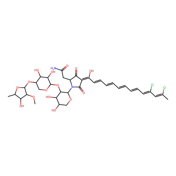 2D Structure of 2-[(2S,4E)-4-[(2E,4E,6E,8E,10Z,12Z)-11,13-dichloro-1-hydroxytetradeca-2,4,6,8,10,12-hexaenylidene]-1-[(2S,3R,4R,5R)-3-[(2R,3R,4S,5R)-3,4-dihydroxy-5-[(2R,3R,4R,5S)-4-hydroxy-3-methoxy-5-methyloxolan-2-yl]oxyoxan-2-yl]oxy-4,5-dihydroxyoxan-2-yl]-3,5-dioxopyrrolidin-2-yl]acetamide