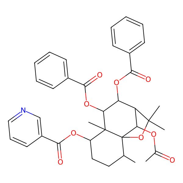 2D Structure of [(1S,2R,5S,6S,7S,8R,9R,12R)-12-acetyloxy-7,8-dibenzoyloxy-2,6,10,10-tetramethyl-11-oxatricyclo[7.2.1.01,6]dodecan-5-yl] pyridine-3-carboxylate