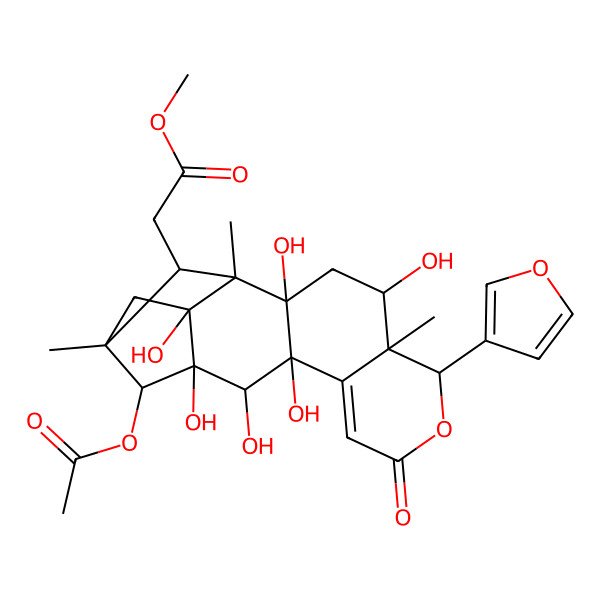 2D Structure of methyl 2-[(1S,2S,4S,5S,6S,11R,12S,13R,14S,15R,17R,18S)-14-acetyloxy-6-(furan-3-yl)-2,4,11,12,13,17-hexahydroxy-1,5,15-trimethyl-8-oxo-7-oxapentacyclo[13.2.1.02,11.05,10.013,17]octadec-9-en-18-yl]acetate