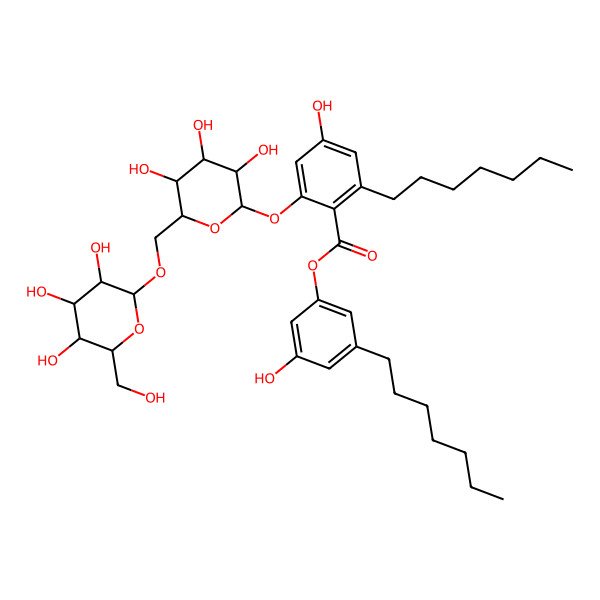 2D Structure of (3-heptyl-5-hydroxyphenyl) 2-heptyl-4-hydroxy-6-[(2S,3R,4S,5R,6R)-3,4,5-trihydroxy-6-[[(2R,3R,4S,5R,6R)-3,4,5-trihydroxy-6-(hydroxymethyl)oxan-2-yl]oxymethyl]oxan-2-yl]oxybenzoate