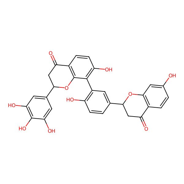 2D Structure of (2S)-7-hydroxy-8-[2-hydroxy-5-[(2S)-7-hydroxy-4-oxo-2,3-dihydrochromen-2-yl]phenyl]-2-(3,4,5-trihydroxyphenyl)-2,3-dihydrochromen-4-one