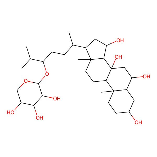 2D Structure of (3S,5S,6S,8S,9R,10S,13R,14S,15R,17R)-10,13-dimethyl-17-[(2R,5S)-6-methyl-5-[(2S,3R,4S,5R)-3,4,5-trihydroxyoxan-2-yl]oxyheptan-2-yl]-1,2,3,4,5,6,7,9,11,12,14,15,16,17-tetradecahydrocyclopenta[a]phenanthrene-3,6,8,15-tetrol