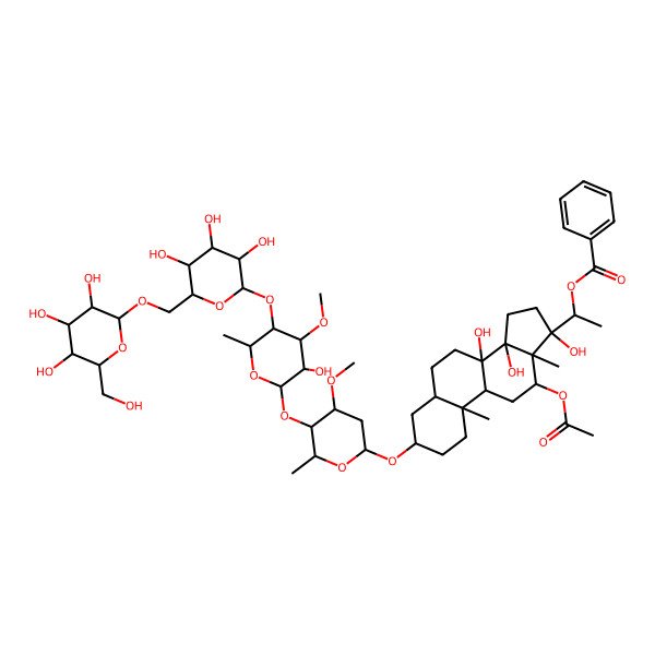 2D Structure of 1-[12-Acetyloxy-8,14,17-trihydroxy-3-[5-[3-hydroxy-4-methoxy-6-methyl-5-[3,4,5-trihydroxy-6-[[3,4,5-trihydroxy-6-(hydroxymethyl)oxan-2-yl]oxymethyl]oxan-2-yl]oxyoxan-2-yl]oxy-4-methoxy-6-methyloxan-2-yl]oxy-10,13-dimethyl-1,2,3,4,5,6,7,9,11,12,15,16-dodecahydrocyclopenta[a]phenanthren-17-yl]ethyl benzoate