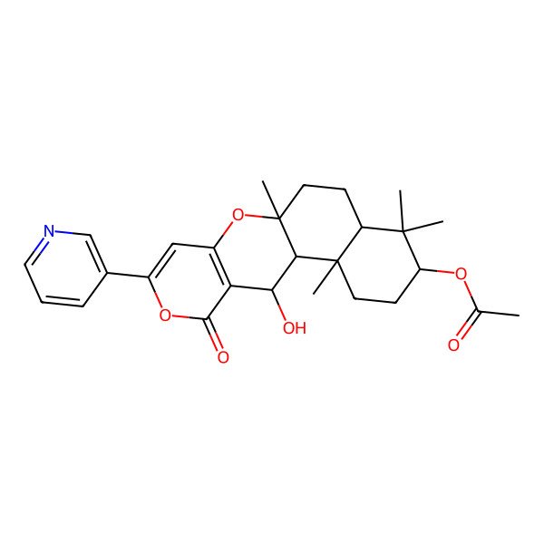 2D Structure of [(1R,2R,5R,7S,10S,18S)-18-hydroxy-2,6,6,10-tetramethyl-16-oxo-14-pyridin-3-yl-11,15-dioxatetracyclo[8.8.0.02,7.012,17]octadeca-12(17),13-dien-5-yl] acetate