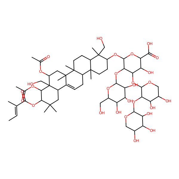 2D Structure of (2S,3S,4S,5R,6R)-6-[[(3S,4R,4aR,6aR,6bS,8R,8aR,9R,10R,12aS,14aR,14bR)-8,9-diacetyloxy-4,8a-bis(hydroxymethyl)-4,6a,6b,11,11,14b-hexamethyl-10-[(Z)-2-methylbut-2-enoyl]oxy-1,2,3,4a,5,6,7,8,9,10,12,12a,14,14a-tetradecahydropicen-3-yl]oxy]-4-[(2S,3R,4S,5S)-4,5-dihydroxy-3-[(2S,3R,4S,5R)-3,4,5-trihydroxyoxan-2-yl]oxyoxan-2-yl]oxy-3-hydroxy-5-[(2S,3R,4S,5R,6R)-3,4,5-trihydroxy-6-(hydroxymethyl)oxan-2-yl]oxyoxane-2-carboxylic acid
