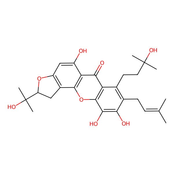 2D Structure of 5,9,10-Trihydroxy-7-(3-hydroxy-3-methylbutyl)-2-(2-hydroxypropan-2-yl)-8-(3-methylbut-2-enyl)-1,2-dihydrofuro[2,3-c]xanthen-6-one
