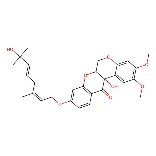 2D Structure of (6aR,12aS)-12a-hydroxy-9-[(2E,5E)-7-hydroxy-3,7-dimethylocta-2,5-dienoxy]-2,3-dimethoxy-6,6a-dihydrochromeno[3,4-b]chromen-12-one