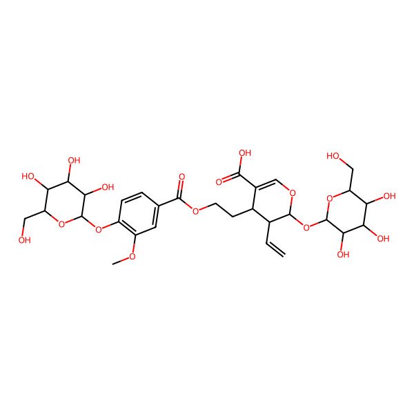 2D Structure of 3-ethenyl-4-[2-[3-methoxy-4-[3,4,5-trihydroxy-6-(hydroxymethyl)oxan-2-yl]oxybenzoyl]oxyethyl]-2-[3,4,5-trihydroxy-6-(hydroxymethyl)oxan-2-yl]oxy-3,4-dihydro-2H-pyran-5-carboxylic acid