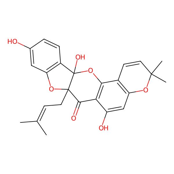 2D Structure of (3S,11S)-3,7,14-trihydroxy-18,18-dimethyl-11-(3-methylbut-2-enyl)-2,10,17-trioxapentacyclo[11.8.0.03,11.04,9.016,21]henicosa-1(13),4(9),5,7,14,16(21),19-heptaen-12-one