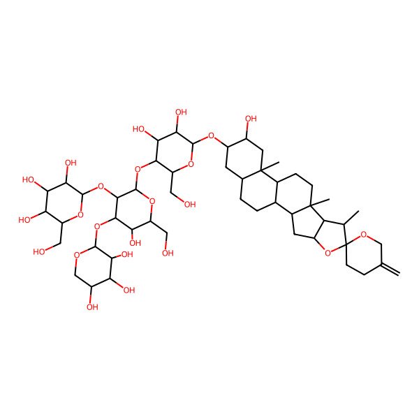 2D Structure of 2-[2-[4,5-Dihydroxy-2-(hydroxymethyl)-6-(15-hydroxy-7,9,13-trimethyl-5'-methylidenespiro[5-oxapentacyclo[10.8.0.02,9.04,8.013,18]icosane-6,2'-oxane]-16-yl)oxyoxan-3-yl]oxy-5-hydroxy-6-(hydroxymethyl)-4-(3,4,5-trihydroxyoxan-2-yl)oxyoxan-3-yl]oxy-6-(hydroxymethyl)oxane-3,4,5-triol