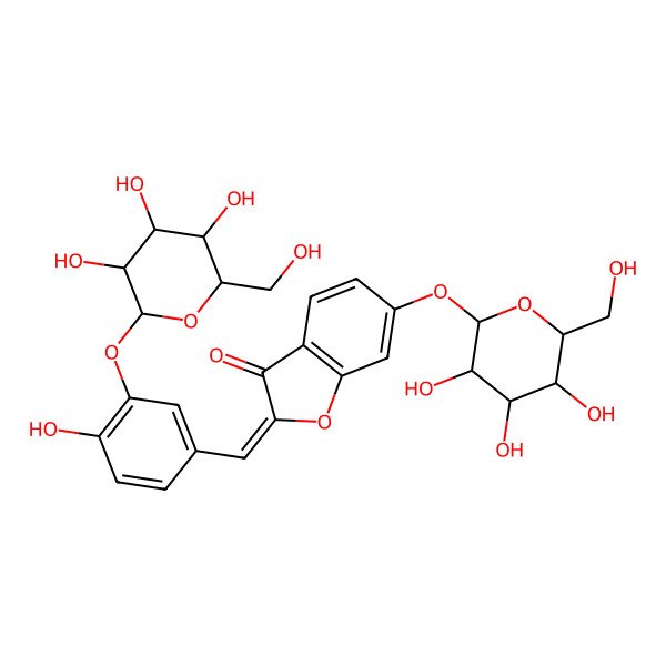 2D Structure of (2Z)-2-[[4-hydroxy-3-[(2S,3R,4S,5S,6R)-3,4,5-trihydroxy-6-(hydroxymethyl)oxan-2-yl]oxyphenyl]methylidene]-6-[(2S,3R,4S,5S,6R)-3,4,5-trihydroxy-6-(hydroxymethyl)oxan-2-yl]oxy-1-benzofuran-3-one
