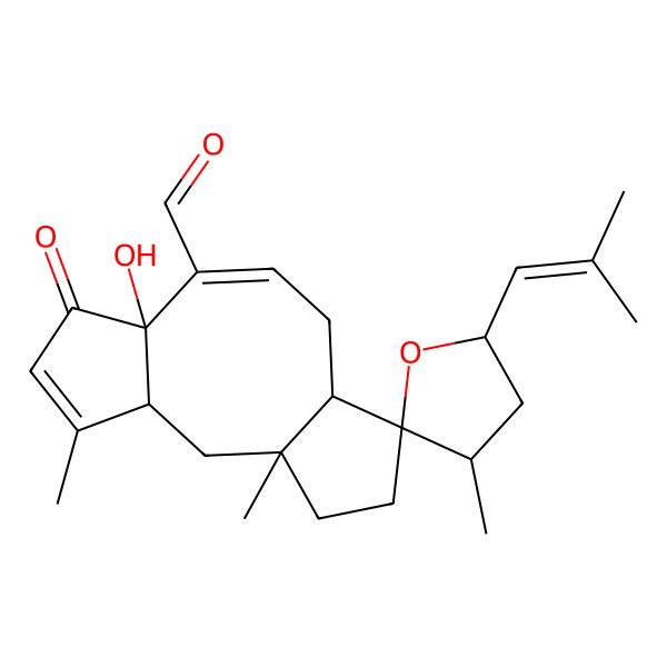 2D Structure of (1'R,2S,3S,3'R,5R,7'R,11'R)-7'-hydroxy-1',3,4'-trimethyl-5-(2-methylprop-1-enyl)-6'-oxospiro[oxolane-2,12'-tricyclo[9.3.0.03,7]tetradeca-4,8-diene]-8'-carbaldehyde