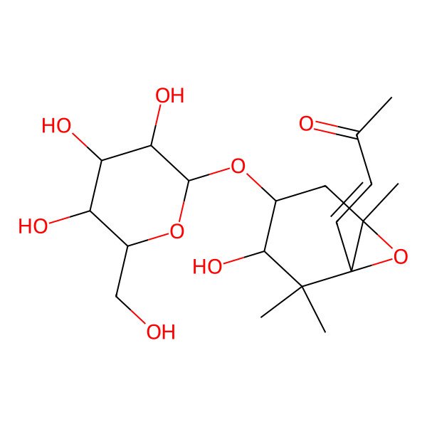 2D Structure of (E)-4-[(1S,3S,4R,6R)-3-hydroxy-2,2,6-trimethyl-4-[(2S,3R,4S,5S,6R)-3,4,5-trihydroxy-6-(hydroxymethyl)oxan-2-yl]oxy-7-oxabicyclo[4.1.0]heptan-1-yl]but-3-en-2-one