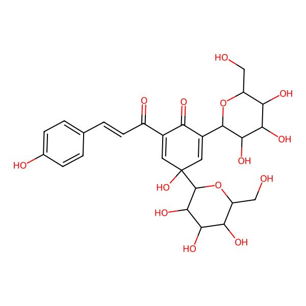 2D Structure of 4-Hydroxy-2-[3-(4-hydroxyphenyl)prop-2-enoyl]-4,6-bis[3,4,5-trihydroxy-6-(hydroxymethyl)oxan-2-yl]cyclohexa-2,5-dien-1-one