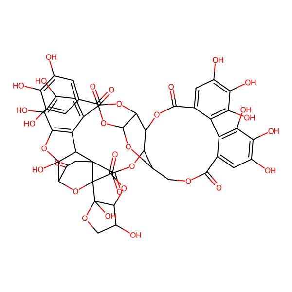 2D Structure of (3,6a,10',11',12',15',16',17',31',32',36'-undecahydroxy-2',5,7',20',28',41'-hexaoxospiro[3,3a-dihydro-2H-furo[3,2-b]furan-6,39'-3,6,21,24,27,38,42-heptaoxanonacyclo[35.2.2.133,36.01,35.04,23.05,26.08,13.014,19.029,34]dotetraconta-8,10,12,14,16,18,29,31,33-nonaene]-25'-yl) 3,4,5-trihydroxybenzoate