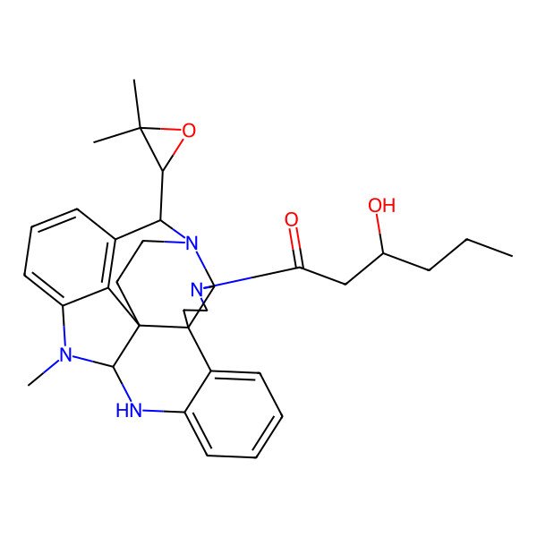 2D Structure of 1-[25-(3,3-Dimethyloxiran-2-yl)-15-methyl-1,3,13,15-tetrazaheptacyclo[18.4.1.02,6.06,22.07,12.014,22.016,21]pentacosa-7,9,11,16,18,20-hexaen-3-yl]-3-hydroxyhexan-1-one