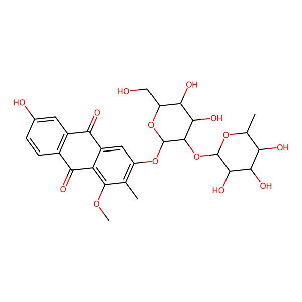 2D Structure of 3-[4,5-Dihydroxy-6-(hydroxymethyl)-3-(3,4,5-trihydroxy-6-methyloxan-2-yl)oxyoxan-2-yl]oxy-6-hydroxy-1-methoxy-2-methylanthracene-9,10-dione
