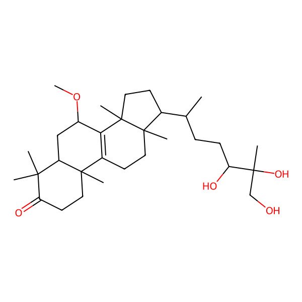 2D Structure of (5R,7R,10S,13R,14S,17S)-7-methoxy-4,4,10,13,14-pentamethyl-17-[(2R,5R,6R)-5,6,7-trihydroxy-6-methylheptan-2-yl]-1,2,5,6,7,11,12,15,16,17-decahydrocyclopenta[a]phenanthren-3-one