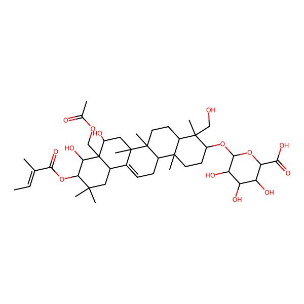 2D Structure of 6-[[8a-(Acetyloxymethyl)-8,9-dihydroxy-4-(hydroxymethyl)-4,6a,6b,11,11,14b-hexamethyl-10-(2-methylbut-2-enoyloxy)-1,2,3,4a,5,6,7,8,9,10,12,12a,14,14a-tetradecahydropicen-3-yl]oxy]-3,4,5-trihydroxyoxane-2-carboxylic acid