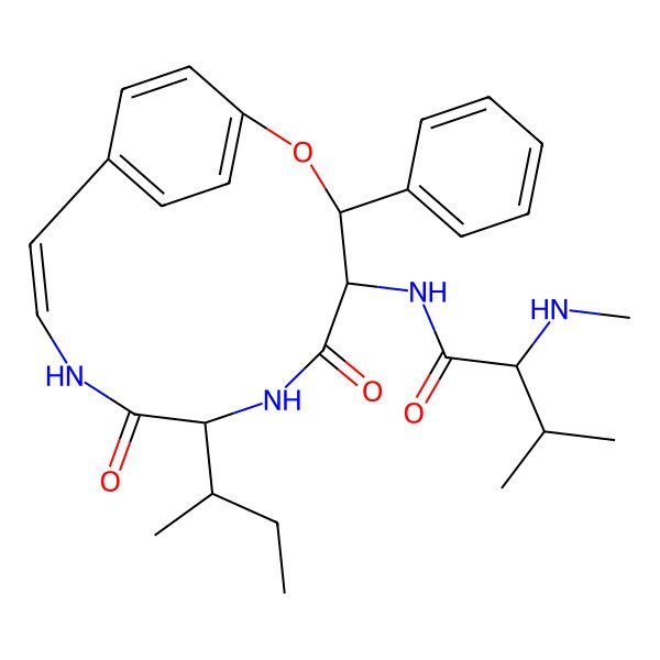 2D Structure of N-[(3S,7S,10E)-7-butan-2-yl-5,8-dioxo-3-phenyl-2-oxa-6,9-diazabicyclo[10.2.2]hexadeca-1(14),10,12,15-tetraen-4-yl]-3-methyl-2-(methylamino)butanamide