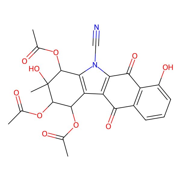 2D Structure of (1r,2s,3s,4s)-5-Cyano-3,7-dihydroxy-3-methyl-6,11-dioxo-2,3,4,5,6,11-hexahydro-1h-benzo[b]carbazole-1,2,4-triyl triacetate