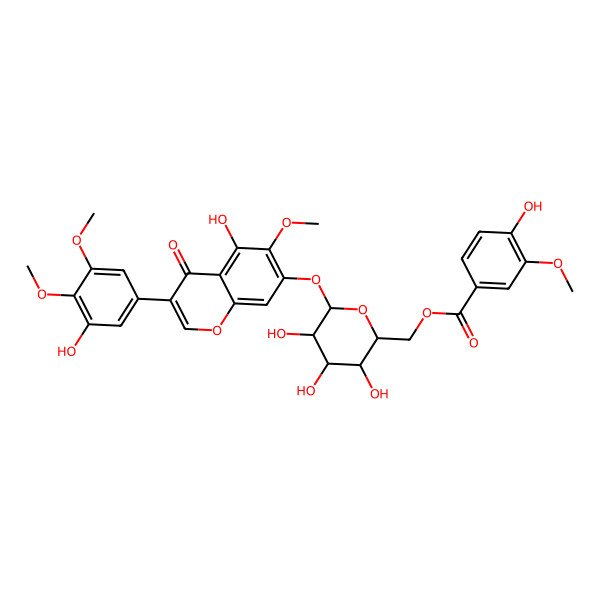2D Structure of [(2R,3S,4S,5R,6S)-3,4,5-trihydroxy-6-[5-hydroxy-3-(3-hydroxy-4,5-dimethoxyphenyl)-6-methoxy-4-oxochromen-7-yl]oxyoxan-2-yl]methyl 4-hydroxy-3-methoxybenzoate