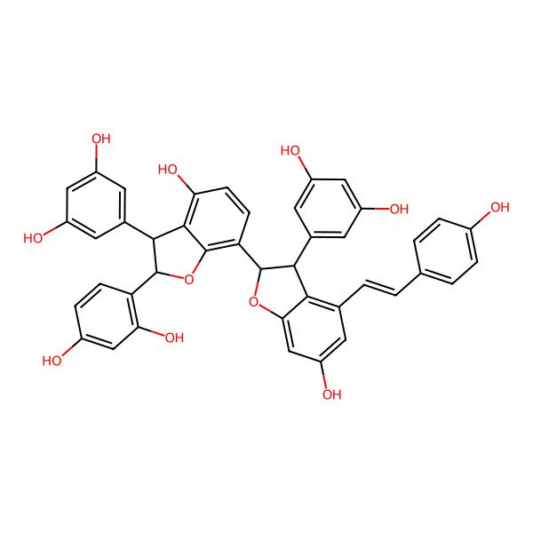 2D Structure of 4-[3-(3,5-Dihydroxyphenyl)-7-[3-(3,5-dihydroxyphenyl)-6-hydroxy-4-[2-(4-hydroxyphenyl)ethenyl]-2,3-dihydro-1-benzofuran-2-yl]-4-hydroxy-2,3-dihydro-1-benzofuran-2-yl]benzene-1,3-diol