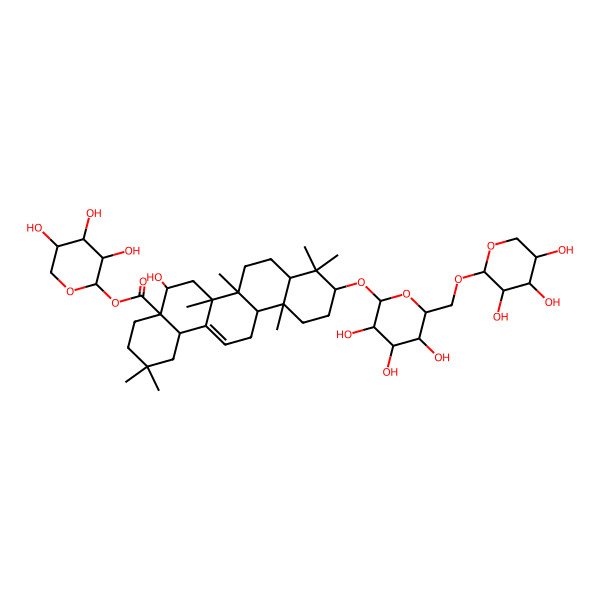 2D Structure of [(2S,3R,4S,5S)-3,4,5-trihydroxyoxan-2-yl] (4aR,5R,6aR,6aS,6bR,8aR,10S,12aR,14bS)-5-hydroxy-2,2,6a,6b,9,9,12a-heptamethyl-10-[(2R,3R,4S,5S,6R)-3,4,5-trihydroxy-6-[[(2S,3R,4S,5S)-3,4,5-trihydroxyoxan-2-yl]oxymethyl]oxan-2-yl]oxy-1,3,4,5,6,6a,7,8,8a,10,11,12,13,14b-tetradecahydropicene-4a-carboxylate