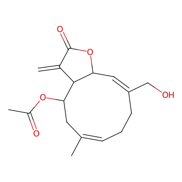 2D Structure of [(3aR,4R,6E,10Z,11aR)-10-(hydroxymethyl)-6-methyl-3-methylidene-2-oxo-3a,4,5,8,9,11a-hexahydrocyclodeca[b]furan-4-yl] acetate