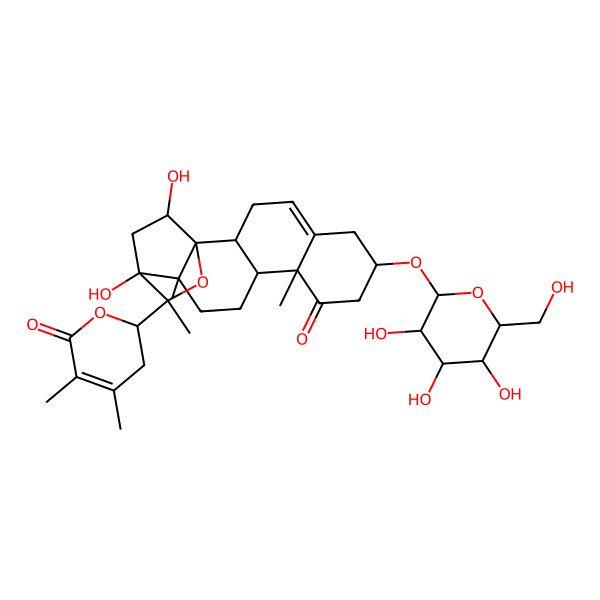 2D Structure of 16-(4,5-Dimethyl-6-oxo-2,3-dihydropyran-2-yl)-15,18-dihydroxy-10,14,16-trimethyl-7-[3,4,5-trihydroxy-6-(hydroxymethyl)oxan-2-yl]oxy-17-oxapentacyclo[13.2.2.01,14.02,11.05,10]nonadec-4-en-9-one