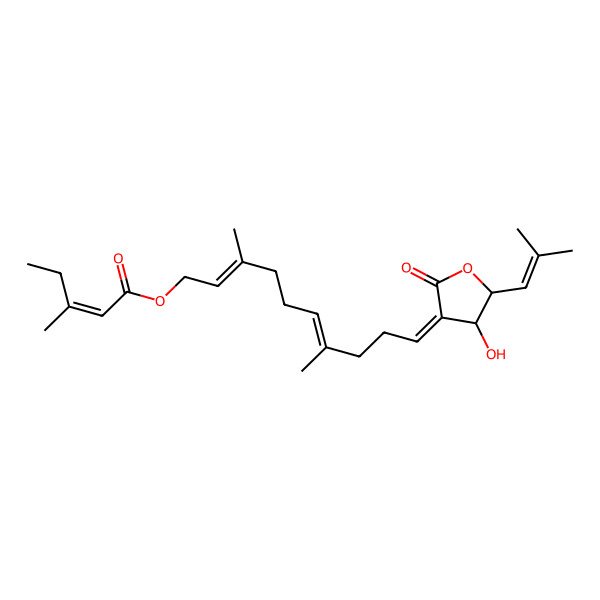 2D Structure of [(2Z,6E,10E)-10-[(4S,5R)-4-hydroxy-5-(2-methylprop-1-enyl)-2-oxooxolan-3-ylidene]-3,7-dimethyldeca-2,6-dienyl] (E)-3-methylpent-2-enoate