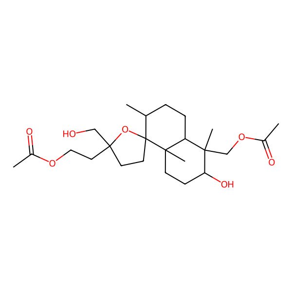 2D Structure of 2-[(2'R,3S,4R,4aS,7S,8S,8aS)-4-(acetyloxymethyl)-3-hydroxy-2'-(hydroxymethyl)-4,7,8a-trimethylspiro[2,3,4a,5,6,7-hexahydro-1H-naphthalene-8,5'-oxolane]-2'-yl]ethyl acetate