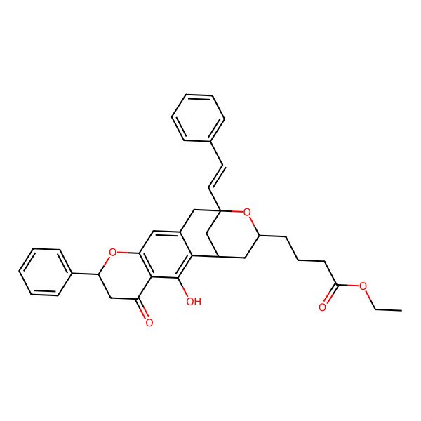 2D Structure of ethyl 4-[(1S,7S,13R,15R)-3-hydroxy-5-oxo-7-phenyl-13-[(E)-2-phenylethenyl]-8,14-dioxatetracyclo[11.3.1.02,11.04,9]heptadeca-2,4(9),10-trien-15-yl]butanoate