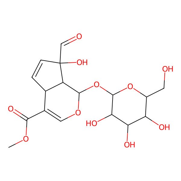 2D Structure of methyl (1S,4aR,7R,7aS)-7-formyl-7-hydroxy-1-[(2S,3S,4R,5S,6S)-3,4,5-trihydroxy-6-(hydroxymethyl)oxan-2-yl]oxy-4a,7a-dihydro-1H-cyclopenta[c]pyran-4-carboxylate