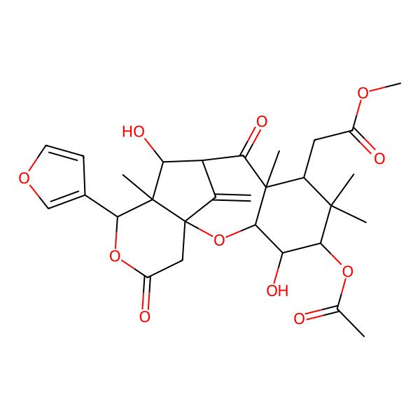 2D Structure of methyl 2-[(1S,3R,4R,5S,7S,8R,10R,11S,12S,13S)-5-acetyloxy-13-(furan-3-yl)-4,11-dihydroxy-6,6,8,12-tetramethyl-17-methylidene-9,15-dioxo-2,14-dioxatetracyclo[8.6.1.01,12.03,8]heptadecan-7-yl]acetate