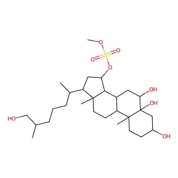 2D Structure of methyl [(3S,5R,6R,8R,9S,10R,13R,14S,15S,17R)-3,5,6-trihydroxy-17-[(2R,6S)-7-hydroxy-6-methylheptan-2-yl]-10,13-dimethyl-1,2,3,4,6,7,8,9,11,12,14,15,16,17-tetradecahydrocyclopenta[a]phenanthren-15-yl] sulfate