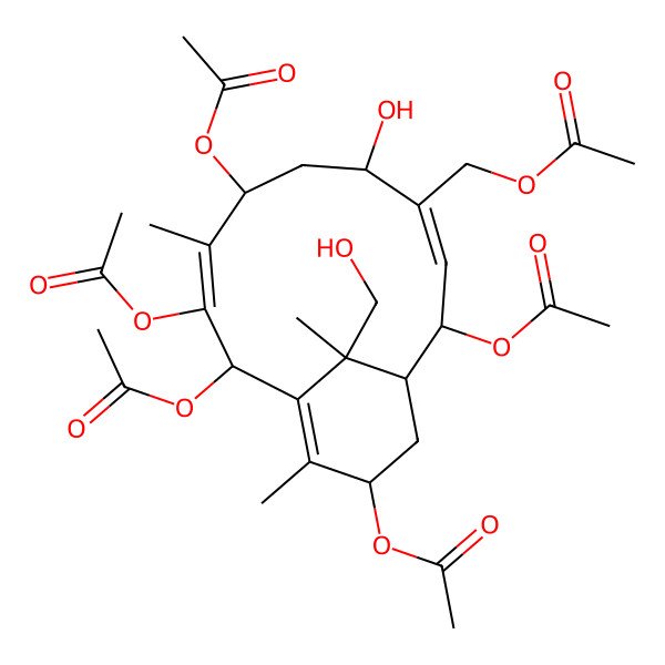 2D Structure of [2,7,9,10,13-Pentaacetyloxy-5-hydroxy-15-(hydroxymethyl)-8,12,15-trimethyl-4-bicyclo[9.3.1]pentadeca-3,8,11-trienyl]methyl acetate