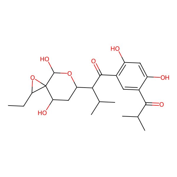 2D Structure of 1-[2,4-Dihydroxy-5-(2-methylpropanoyl)phenyl]-2-(2-ethyl-4,8-dihydroxy-1,7-dioxaspiro[2.5]octan-6-yl)-3-methylbutan-1-one