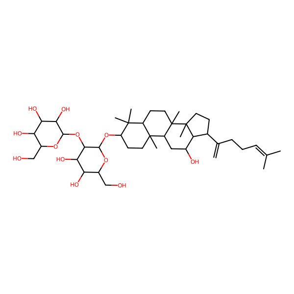 2D Structure of 2-[4,5-dihydroxy-6-(hydroxymethyl)-2-[[12-hydroxy-4,4,8,10,14-pentamethyl-17-(6-methylhepta-1,5-dien-2-yl)-2,3,5,6,7,9,11,12,13,15,16,17-dodecahydro-1H-cyclopenta[a]phenanthren-3-yl]oxy]oxan-3-yl]oxy-6-(hydroxymethyl)oxane-3,4,5-triol