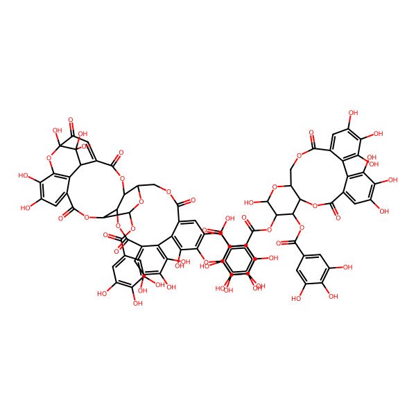 2D Structure of 2-[[20-[6-[[3,4,5,13,21,22,23-Heptahydroxy-8,18-dioxo-11-(3,4,5-trihydroxybenzoyl)oxy-9,14,17-trioxatetracyclo[17.4.0.02,7.010,15]tricosa-1(23),2,4,6,19,21-hexaen-12-yl]oxycarbonyl]-2,3,4-trihydroxyphenoxy]-1,13,14,15,18,34,35,39,39-nonahydroxy-2,5,10,23,31-pentaoxo-28-(3,4,5-trihydroxybenzoyl)oxy-6,9,24,27,30,40-hexaoxaoctacyclo[34.3.1.04,38.07,26.08,29.011,16.017,22.032,37]tetraconta-3,11,13,15,17,19,21,32,34,36-decaen-19-yl]oxy]-3,4,5-trihydroxybenzoic acid